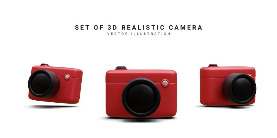 Set of 3d realistic camera isolated on white background. Vector illustration. Stock Illustration