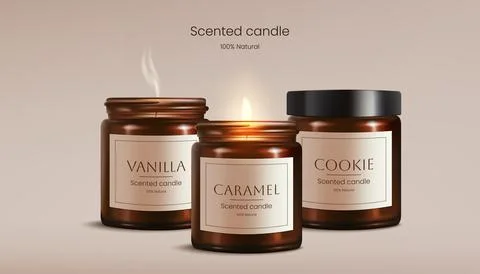 Set of 3D realistic candles encased in brown glass, with a warm glow and de.. Stock Illustration