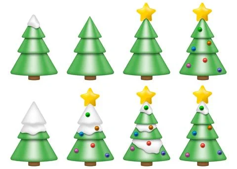 Set of 3d realistic Christmas tree with shadow isolated on white background.. Stock Illustration