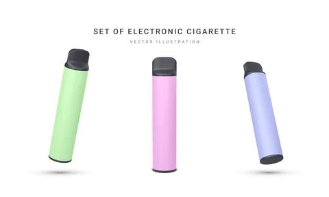 Set of 3d realistic disposable electronic cigarette isolated on white backgro Illustrazione stock