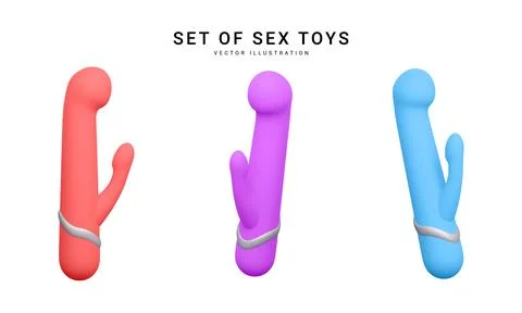 Set of 3d realistic double headed dildos vibrator isolated on white backgroun Illustrazione stock