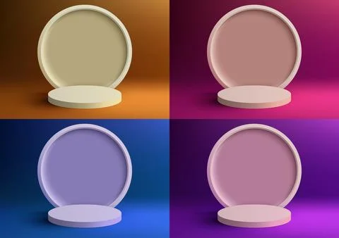 Set of 3D realistic empty bright colors podium pedestal stand with circle b.. Stock Illustration