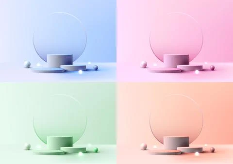 Set of 3D realistic empty group of podium stand with glass circle backdrop .. Stock Illustration