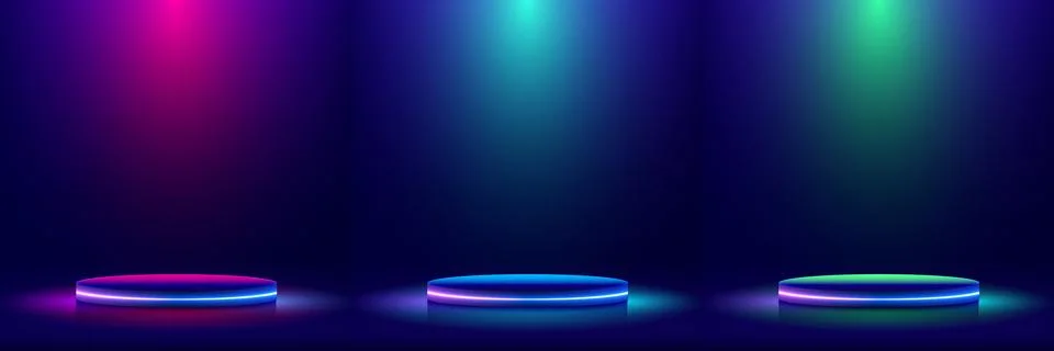 Set of 3D realistic empty podium blue, green and pink neon colors glowing l.. Stock Illustration