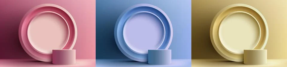 Set of 3D realistic empty podium stand with circle backdrop on pastel color.. Stock Illustration