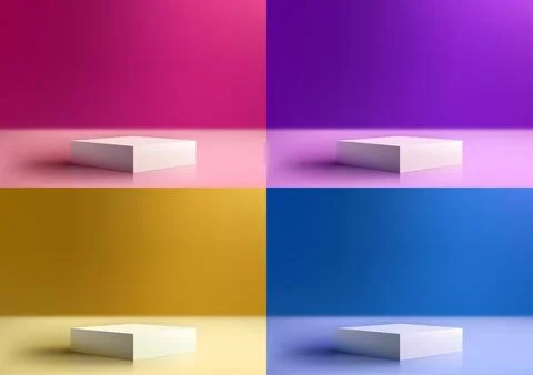 Set of 3D realistic empty white podium stand on bright colors background mi.. Illustrazione stock