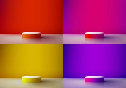 Set of 3D realistic empty white podium stand on bright colors background mi.. Stock Illustration