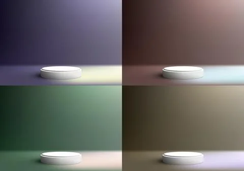 Set 3D realistic empty white podium stand studio room on colors background .. Stock Illustration