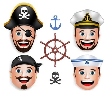 Set of 3D Realistic Face Head of Man Sailors like Pirates and Ship Crew Stock Illustration