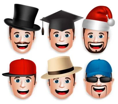 Set of 3D Realistic Face Head of Man Collections of Hats Stock Illustration