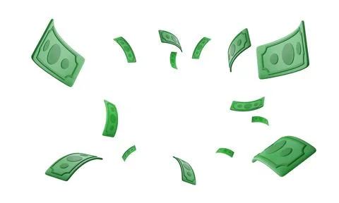 Set of 3d realistic falling green paper currency. Paper money bill flying. Ve Illustrazione stock