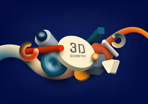 Set of 3D realistic geometric group object elements decoration on blue backgr Illustrazione stock