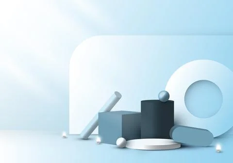 Set of 3D realistic geometric group on blue room background. Stock Illustration