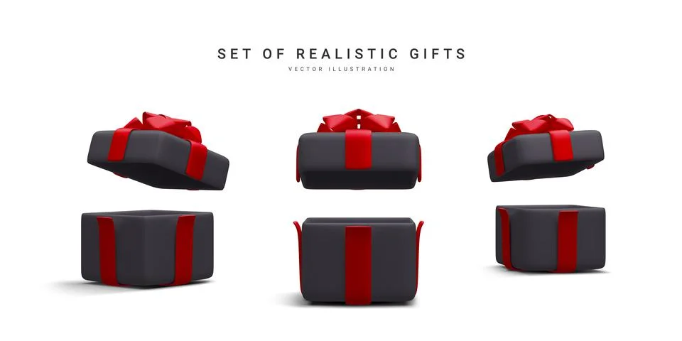 Set of 3d realistic gift boxes with red ribbon isolated on white background. Stock-Illustration