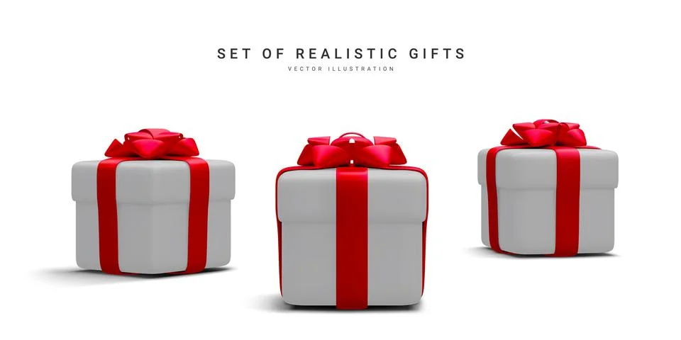 Set of 3d realistic gift boxes with redribbon isolated on white background. S Stock Illustration