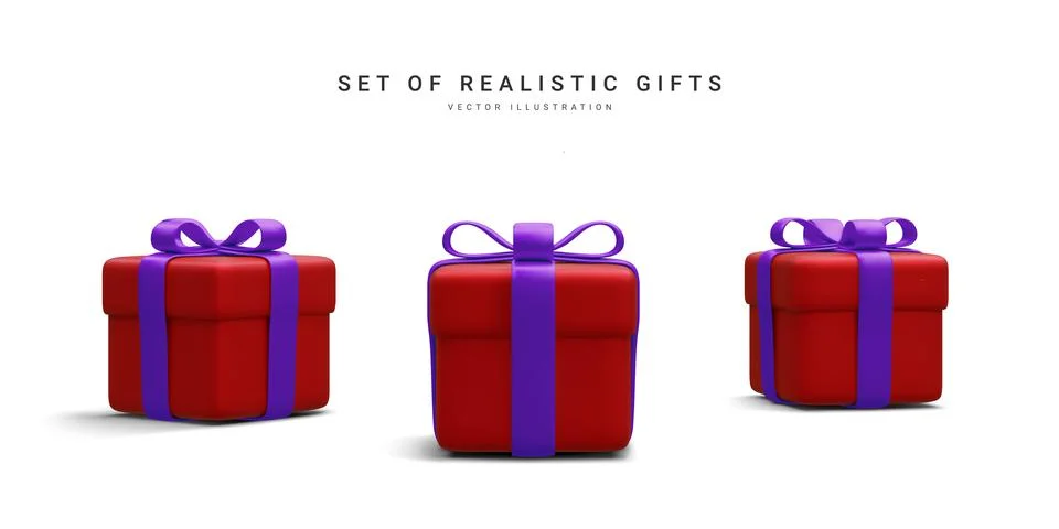 Set of 3d realistic gift boxes with ribbon isolated on white background. Surp Illustrazione stock