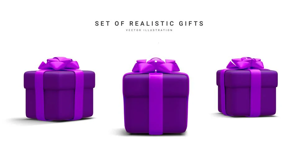 Set of 3d realistic gift boxes with ribbon isolated on white background. Surp Illustrazione stock