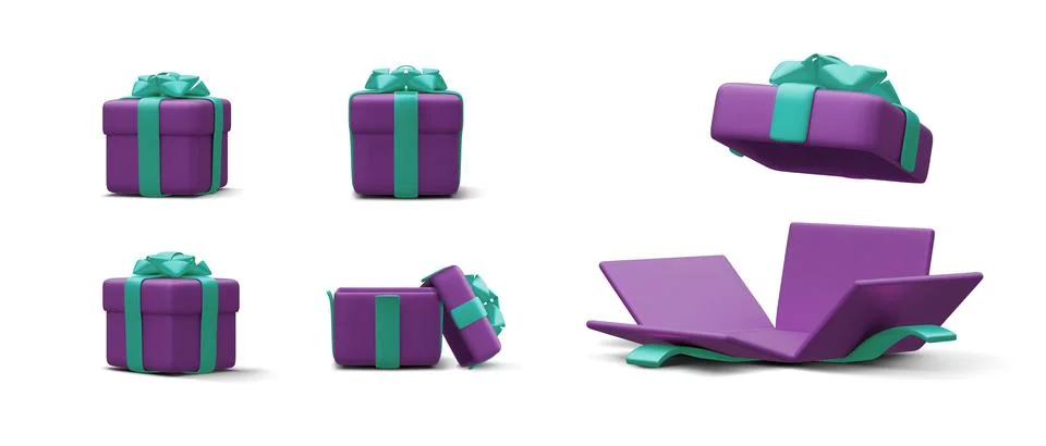 Set of 3d realistic gift boxes with ribbon isolated on white background. Surp Stock-Illustration