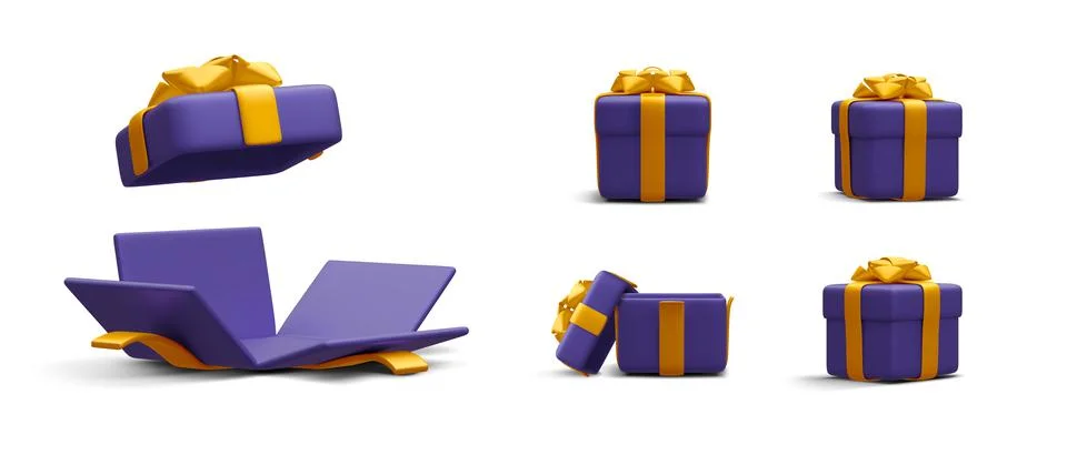 Set of 3d realistic gift boxes with gold ribbon isolated on white background. Illustrazione stock