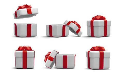 Set of 3d realistic gift boxes with red ribbon isolated on white background. イラスト素材