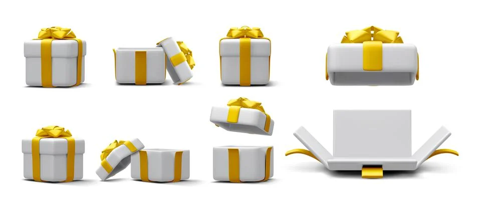 Set of 3d realistic gift boxes with gold ribbon isolated on white background. Illustrazione stock
