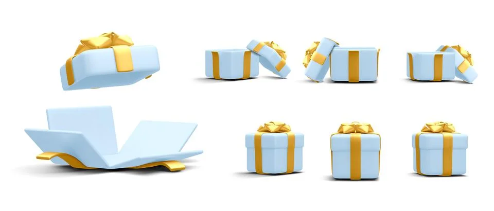 Set of 3d realistic gift boxes with gold ribbon isolated on white background. Illustrazione stock