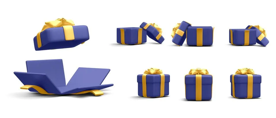 Set of 3d realistic gift boxes with gold ribbon isolated on white background. Stock-Illustration