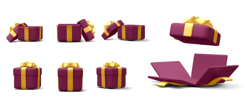 Set of 3d realistic gift boxes with gold ribbon isolated on white background. Stock Illustration