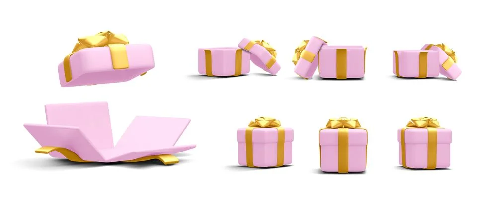 Set of 3d realistic gift boxes with gold ribbon isolated on white background. Stock Illustration