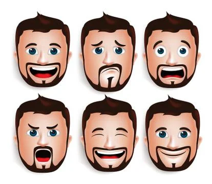 Set of 3D Realistic Handsome Man Head with Different Facial Expressions Stock Illustration