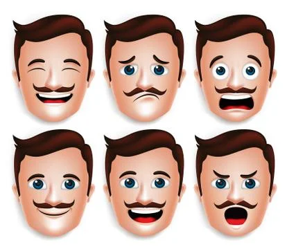 Set of 3D Realistic Handsome Man Head with Different Facial Expressions Stock Illustration