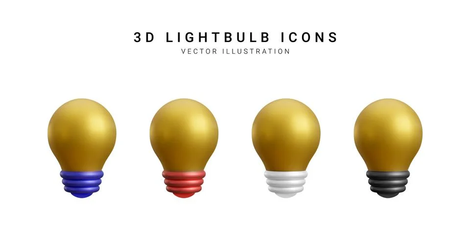 Set of 3d realistic light bulb icons isolated on white background. Vector ill イラスト素材