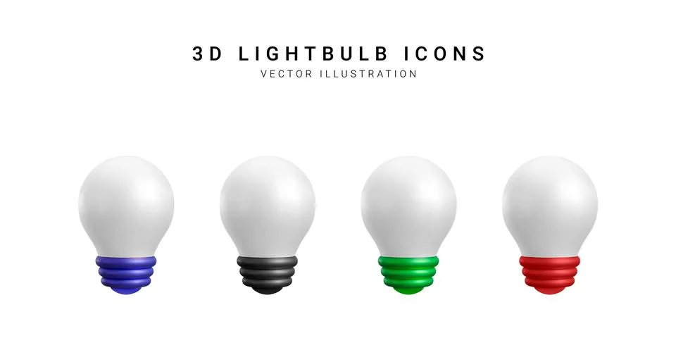 Set of 3d realistic light bulb icons isolated on white background. Vector ill Stock-Illustration