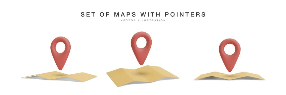Set of 3d realistic maps with shadow and pointer in different views. Vector i Stock Illustration