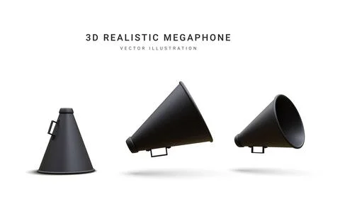 Set of 3d realistic megaphones with shadow isolated on white background. Vect Stock Illustration