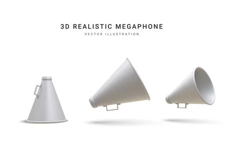 Set of 3d realistic megaphones with shadow isolated on white background. Vect Illustrazione stock