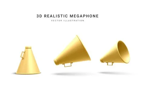 Set of 3d realistic megaphones with shadow isolated on white background. Vect Illustrazione stock