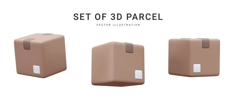 Set of 3d realistic parcel isolated on white background. Cardboard boxes for Illustrazione stock