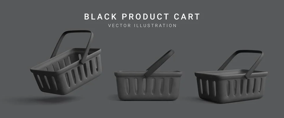 Set of 3d realistic plastic black shopping cart isolated on dark background. Stock-Illustration