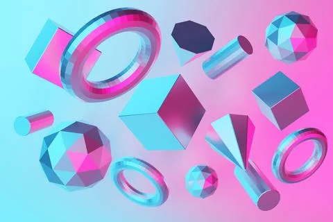 Set of 3D realistic primitives on a blue background. Isolated graphic element Illustrazione stock