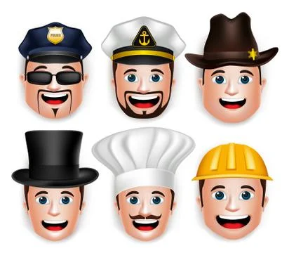 Set of 3D Realistic Professional Man Head with Different Occupational Hat Stock Illustration
