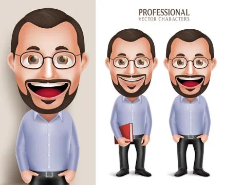 Set of 3D Realistic Professional Old Teacher Professor Man Vector Stock Illustration