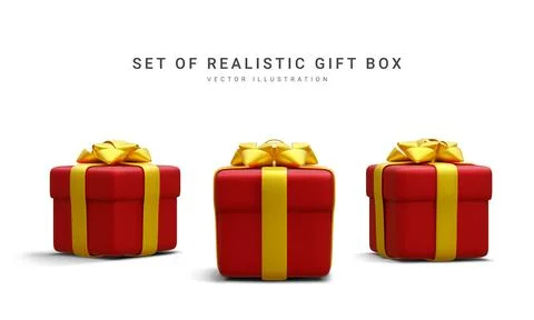 Set of 3d realistic red gift boxes with gold ribbon isolated on white backgro Stock Illustration
