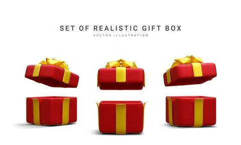 Set of 3d realistic red gift boxes with gold ribbon isolated on white backgro Stock-Illustration