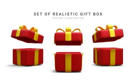 Set of 3d realistic red gift boxes with gold ribbon isolated on white backgro Illustrazione stock