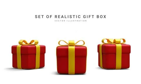 Set of 3d realistic red gift boxes with gold ribbon isolated on white backgro Illustrazione stock
