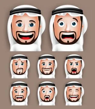 Set of 3D Realistic Saudi Arab Man Head with Different Facial Expressions Stock Illustration