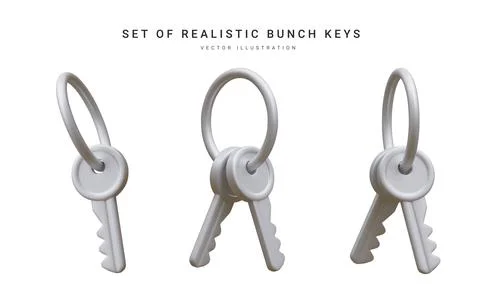 Set of 3d realistic silver  bunch of keys isolated in withe background. Vecto Illustrazione stock