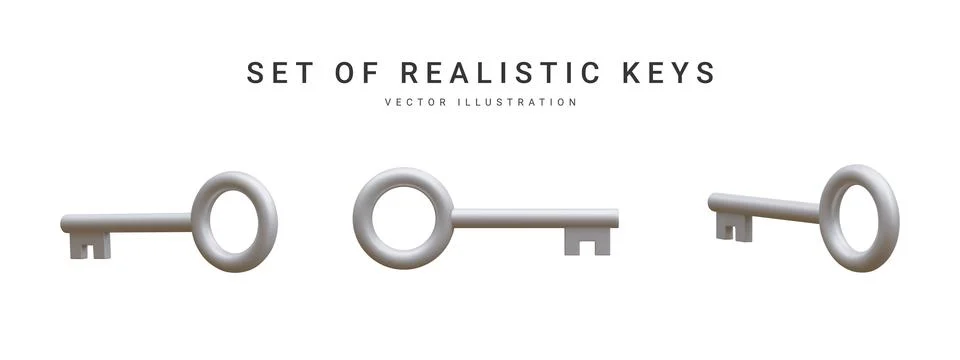 Set of 3d realistic silver keys isolated in white background. Vector illustra Stock Illustration
