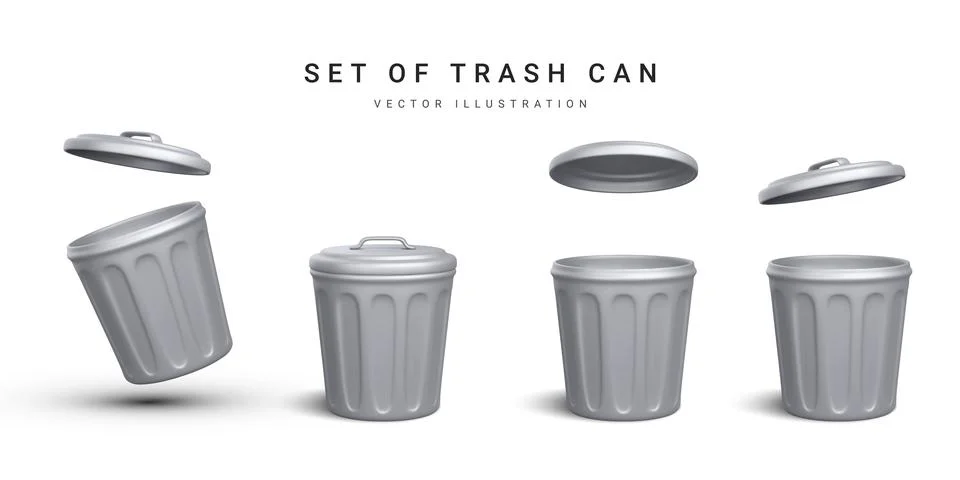 Set of 3d realistic silver trash can on white background. Vector illustration イラスト素材